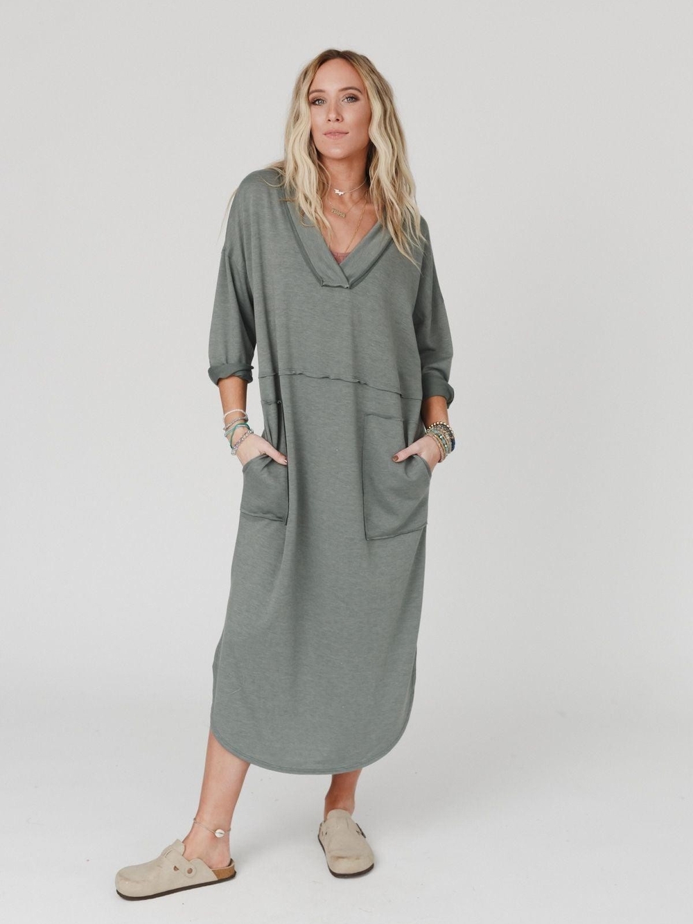 THREE BIRD NEST The Nest Meadow Long Sleeve Slit Maxi Dress Olive M NWT
